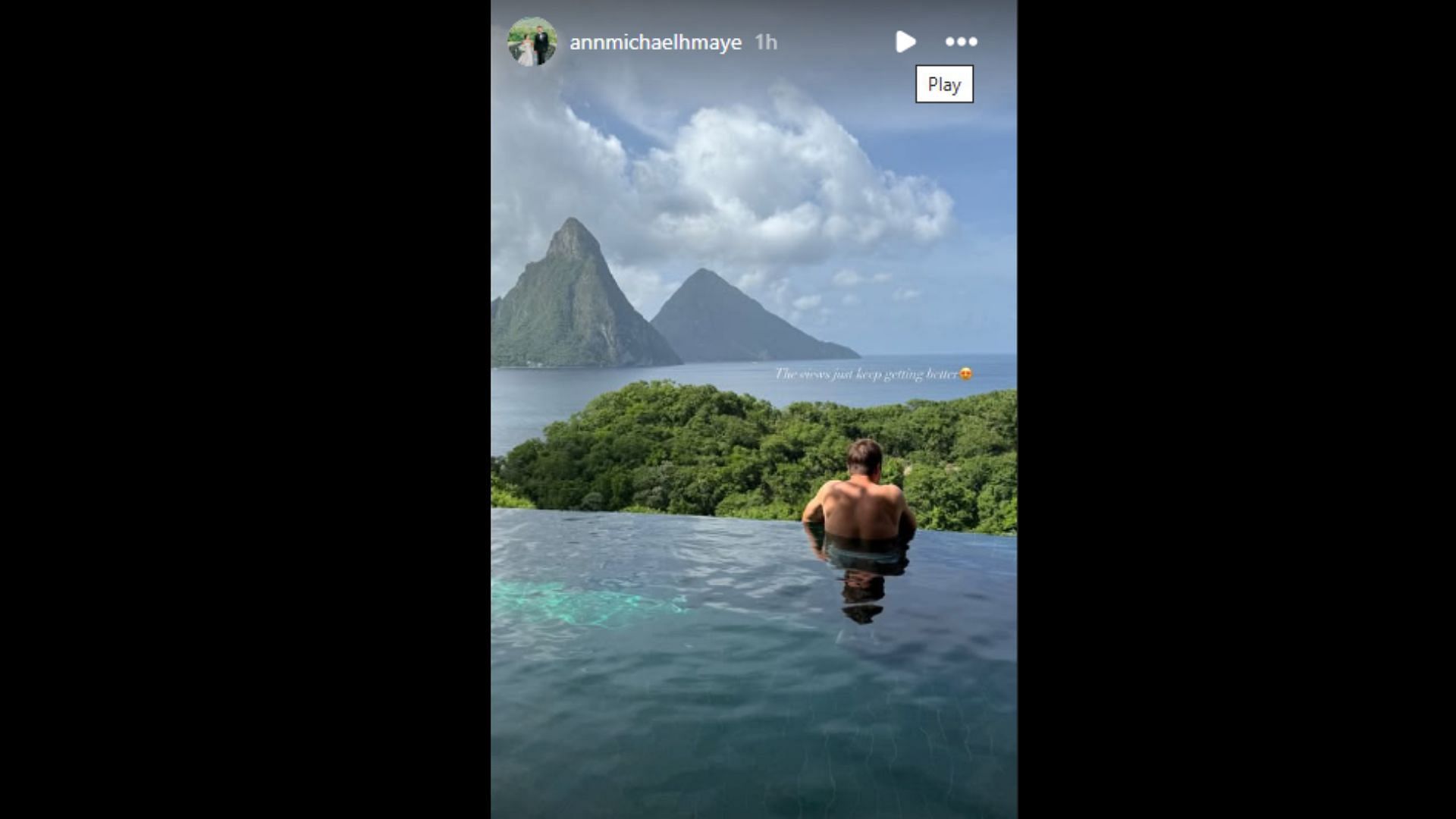 Ann Michael Maye's photo of the quarterback taking in the view of the Pitons (image credit: instagram/annemichaelhmaye)